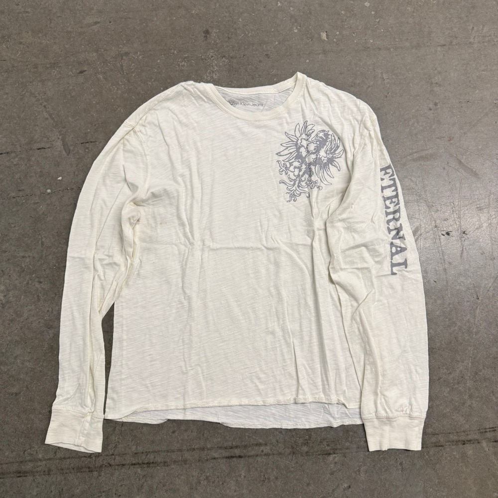 Calvin Klein Jeans Mens Long Sleeve Slub T-Shirt Cream Eternal Graphic Large